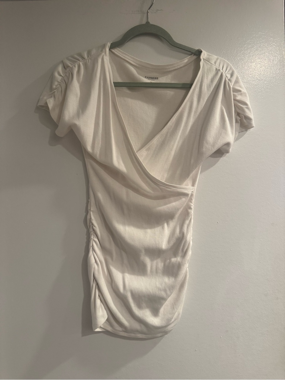 Y2K Express White Wrap-Front Ruched Short Sleeve Top XS Sexy Fitted Basic Tee